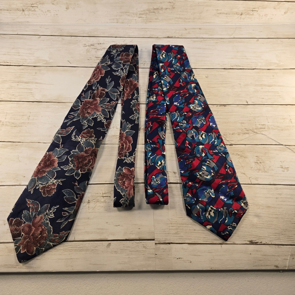 Surrey‎ Vintage Mens Silk Tie Lot 2 Floral Abstract Navy Red Blue Wide Necktie